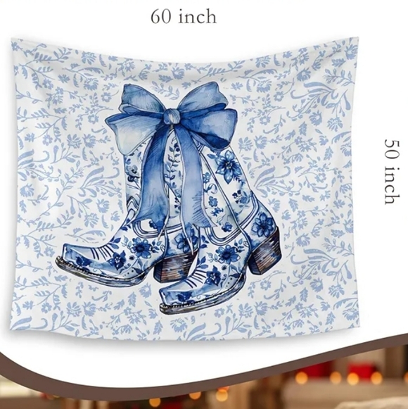 NEW! Blue and White Floral Wall Tapestry with Cowgirl Boots - Picture 4 of 4